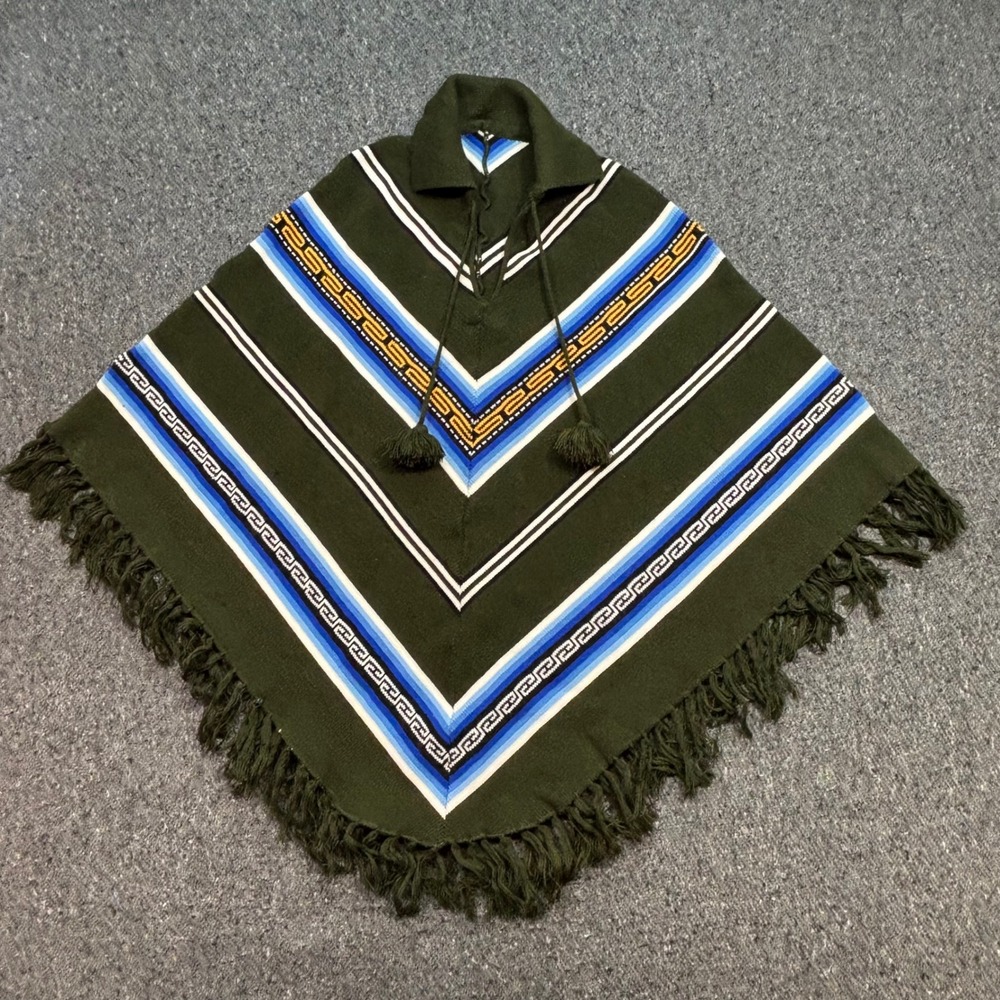 Poncho Sz M Womens Green Boho Skater Geometric Fringe Pom Pom Knit Cape Wrap